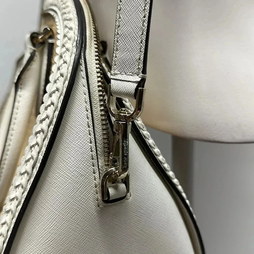 Kate Spade Reiley Dome Satchel Purse Handbag Straw Wicker Leather Trim White